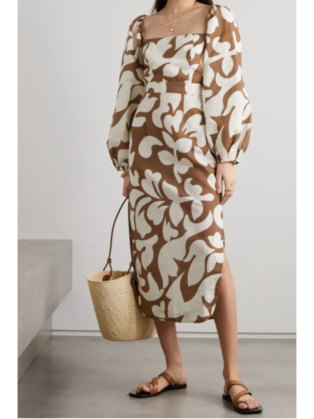 Women's Rhode Midi Dress Brown Beige Floral Print Puff Sleeve